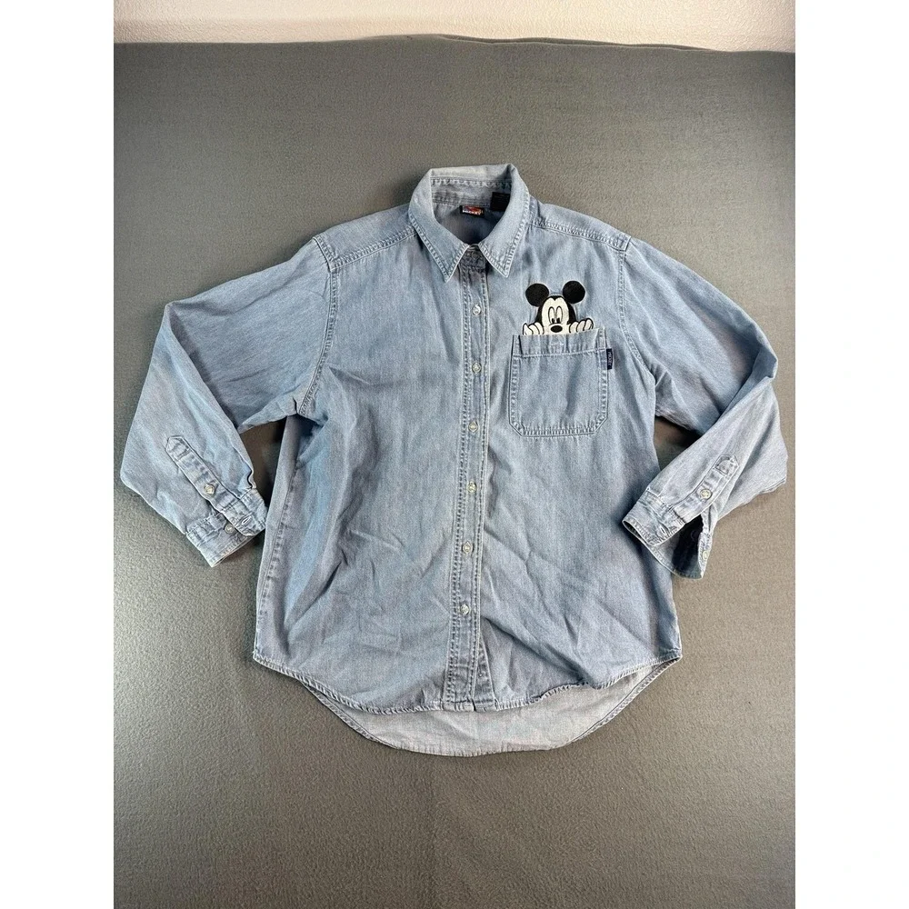 VTG Mickey Unlimited Shirt Mens M Blue Denim Mickey Embroidered Button Up Disney